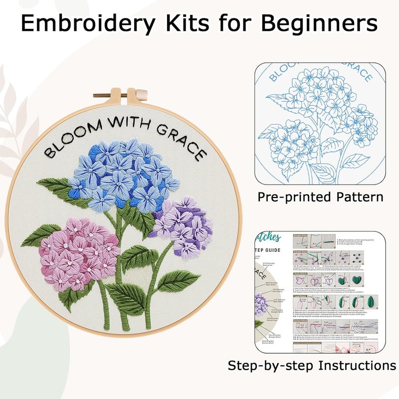 Nuberlic Hydrangea Embroidery Kits for Beginner Adults Cross Stitch Kit with Stamped Pattern Include Cloth Hoops Threads Needles - Image 5